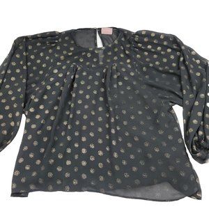 Show Me Your MuMu Womens L Shirt Black Gold‎ Polka Dot Blouse Long Bishop Sleeve